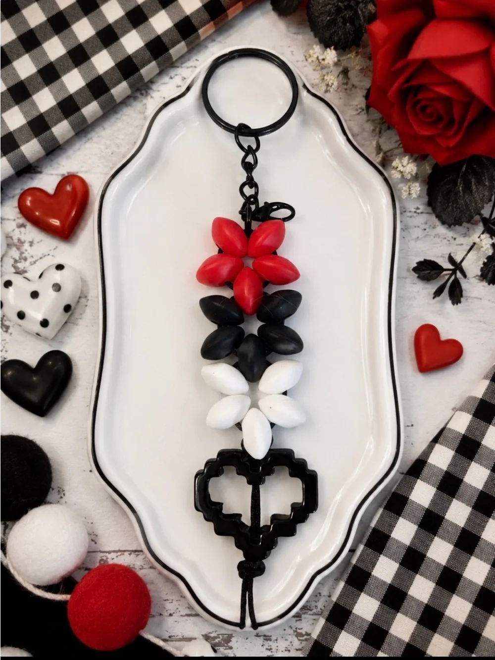 Hand Crafted Red Black White Beaded Floral Heart Keychain